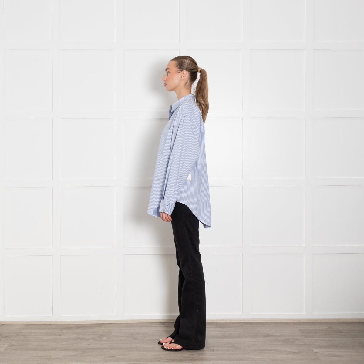 The Good American Rhinestone Stripe Poplin Blue Shirt