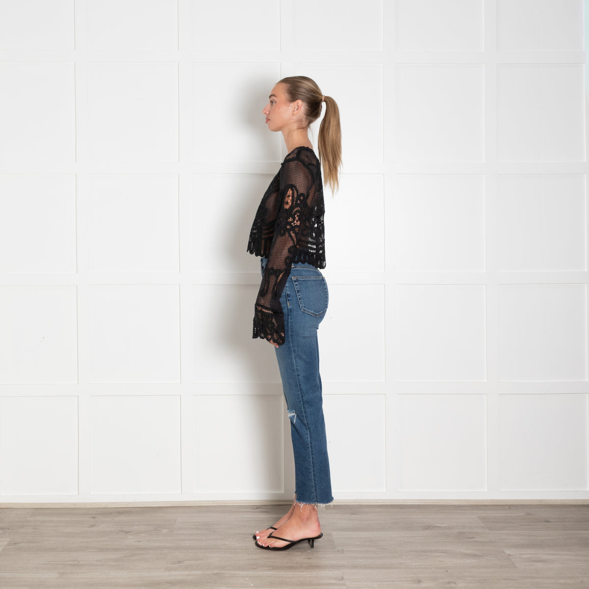 LoveShackFancy Black Lace Knit Flare Sleeve Cardigan
