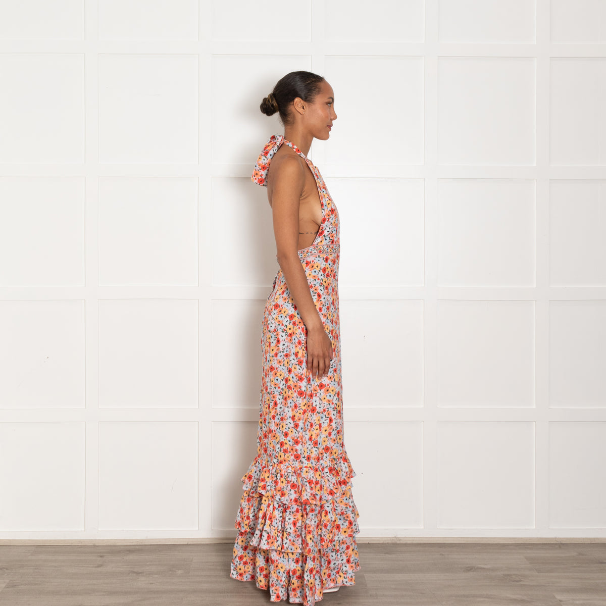 Agua Bendita Pink Blue Red Floral Linen Halter Maxi Dress