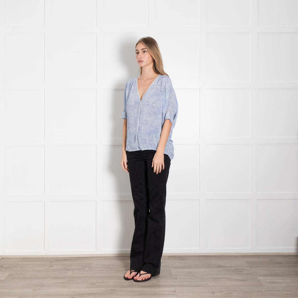 Pyrus x Trilogy Blue and White Poncho Style Silk Blouse