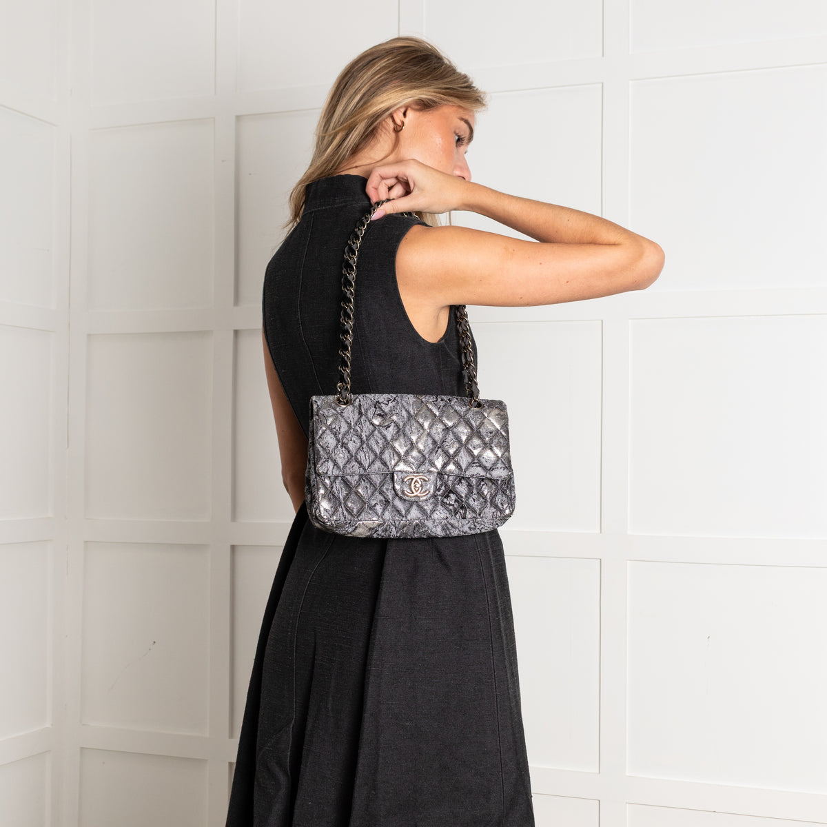 Chanel Dark Grey Metallic Double Flap Medium Size Shoulder Bag