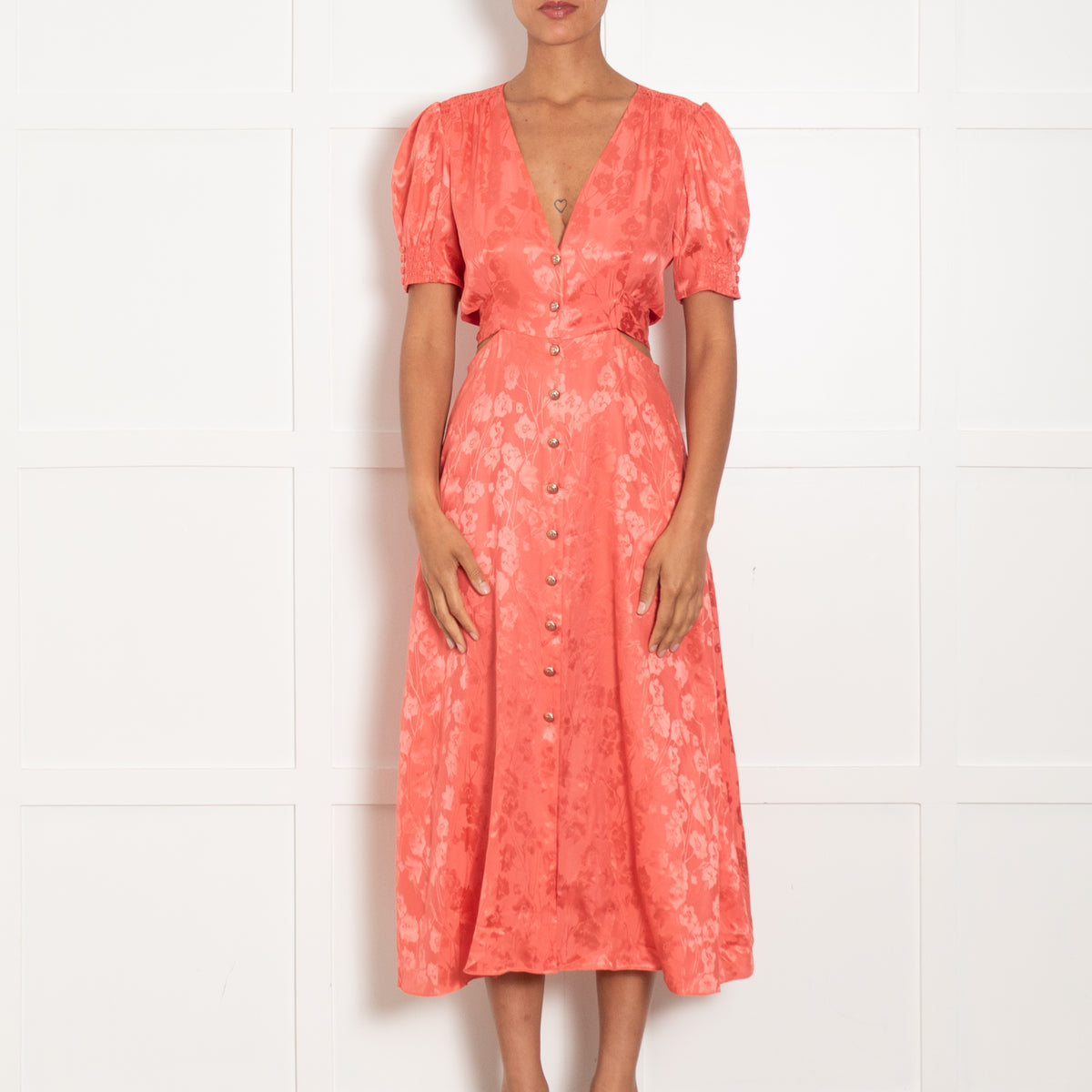 Saloni Orange Floral Cut Out Detail Short Sleeve Dress