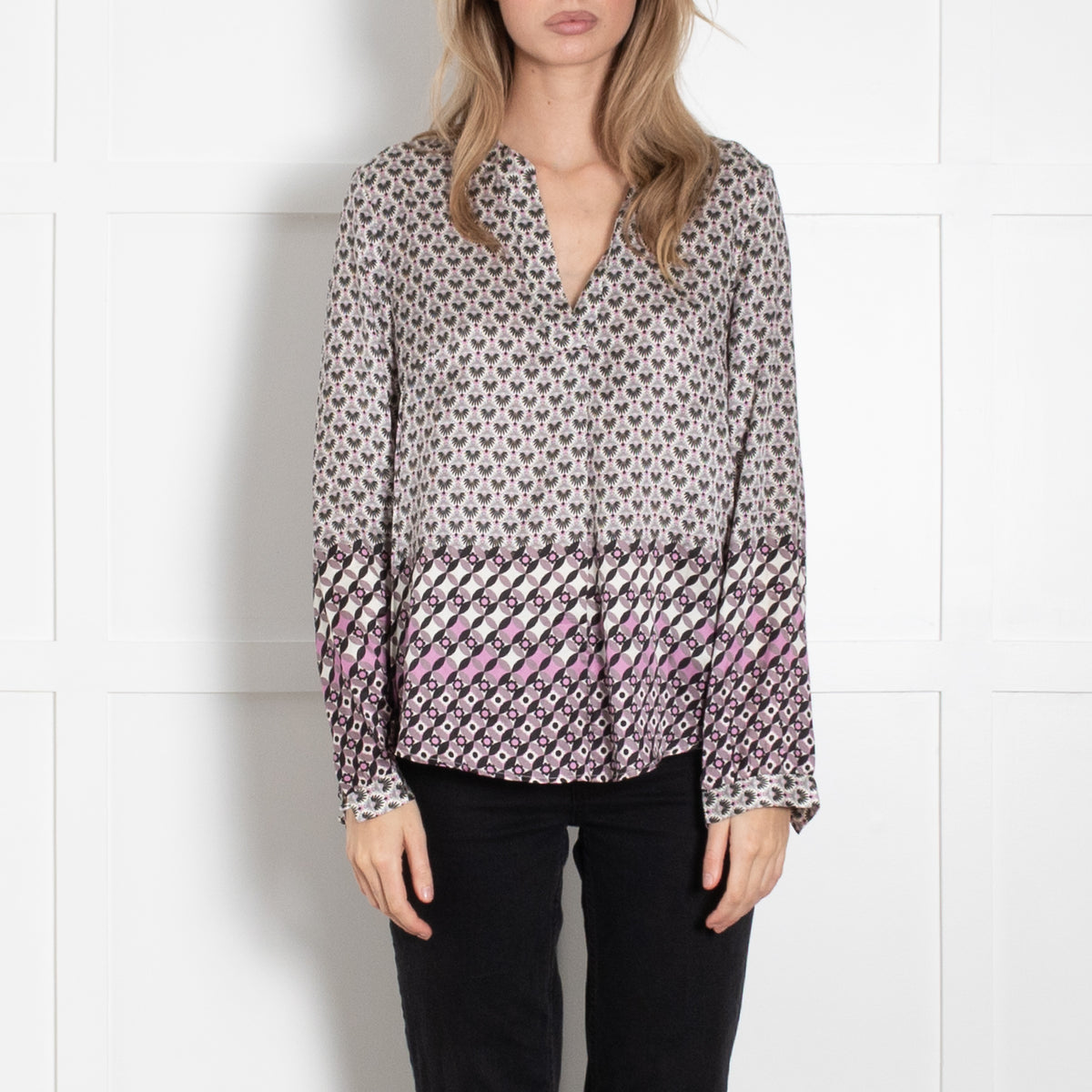 Charlotte Sparre Cream Purple Black Geometric Flower Print Silk Blouse