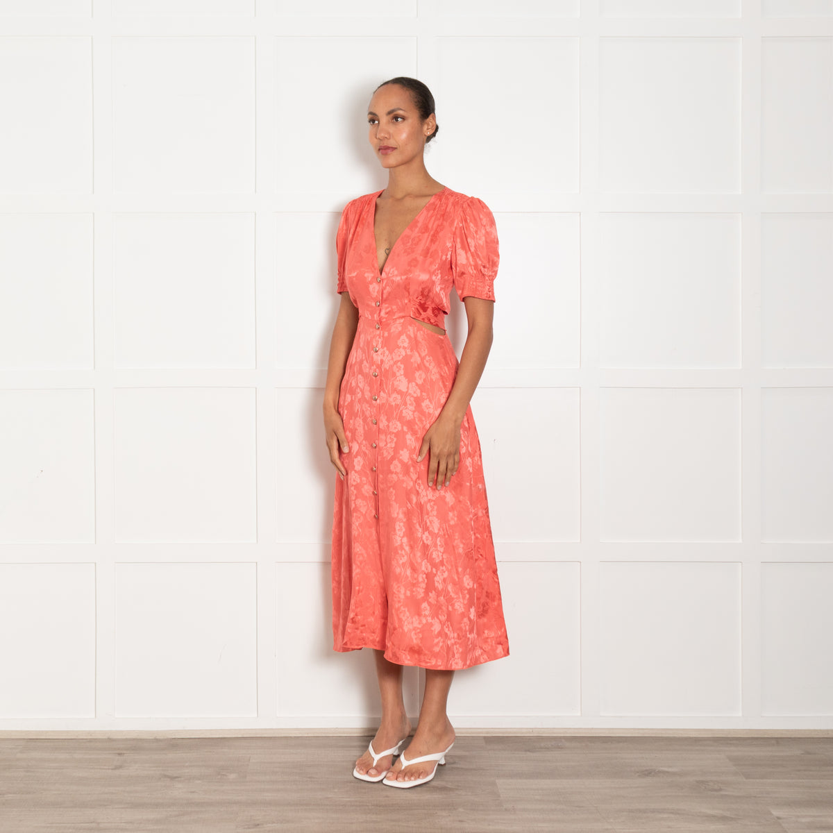 Saloni Orange Floral Cut Out Detail Short Sleeve Dress