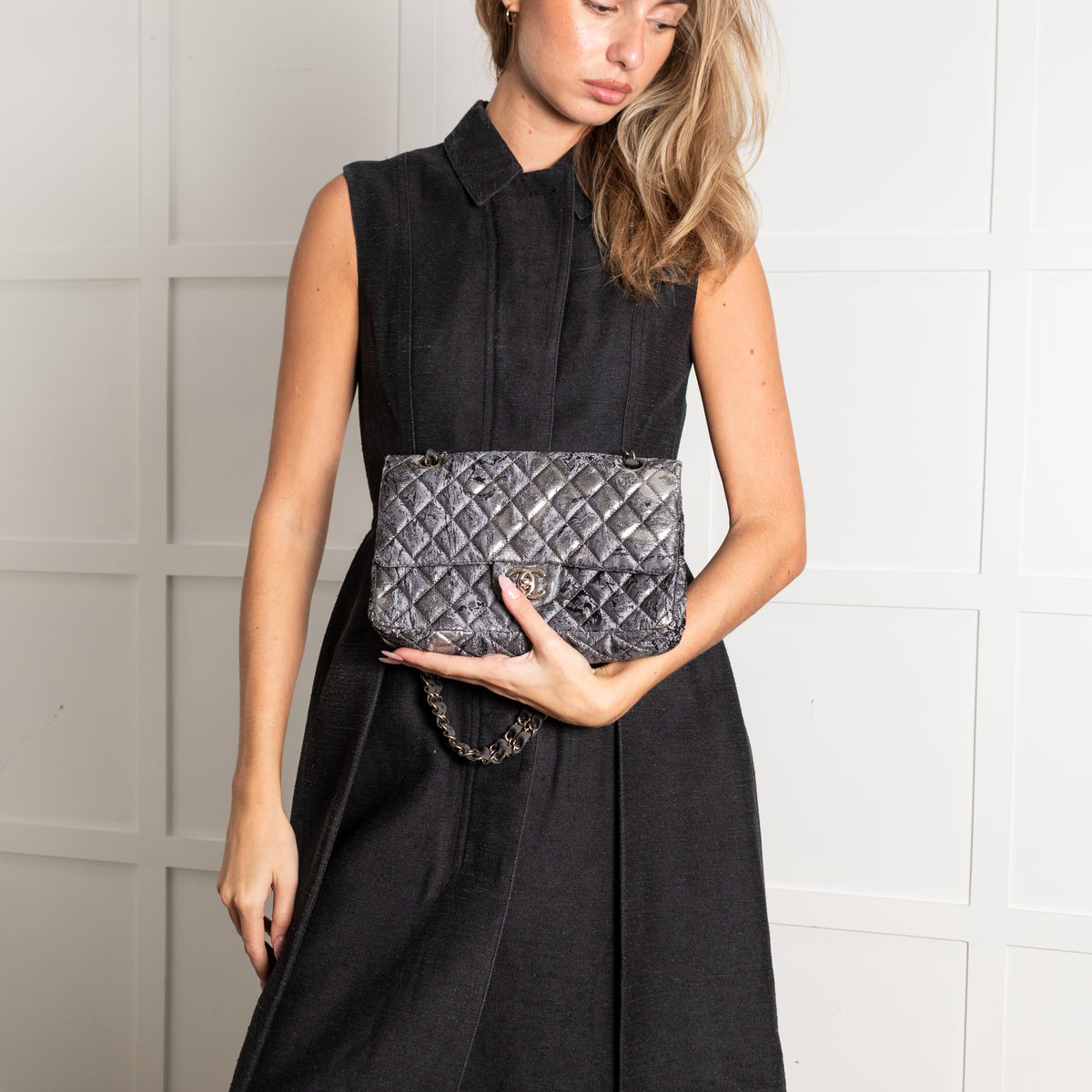 Chanel Dark Grey Metallic Double Flap Medium Size Shoulder Bag