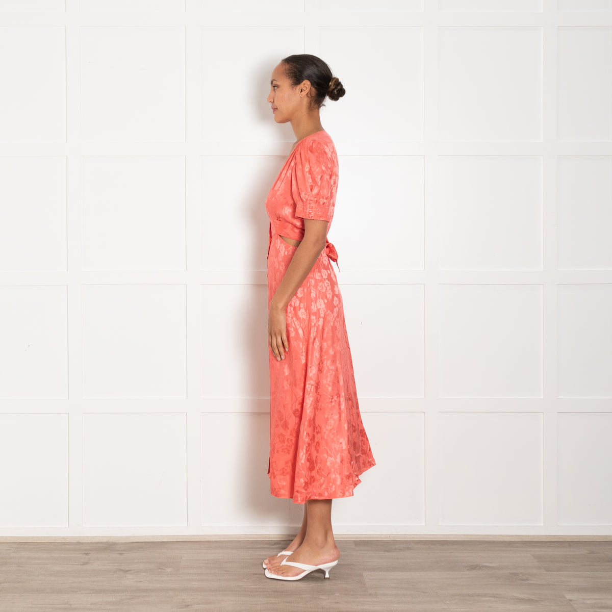 Saloni Orange Floral Cut Out Detail Short Sleeve Dress