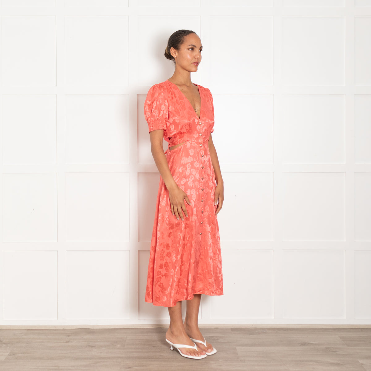 Saloni Orange Floral Cut Out Detail Short Sleeve Dress