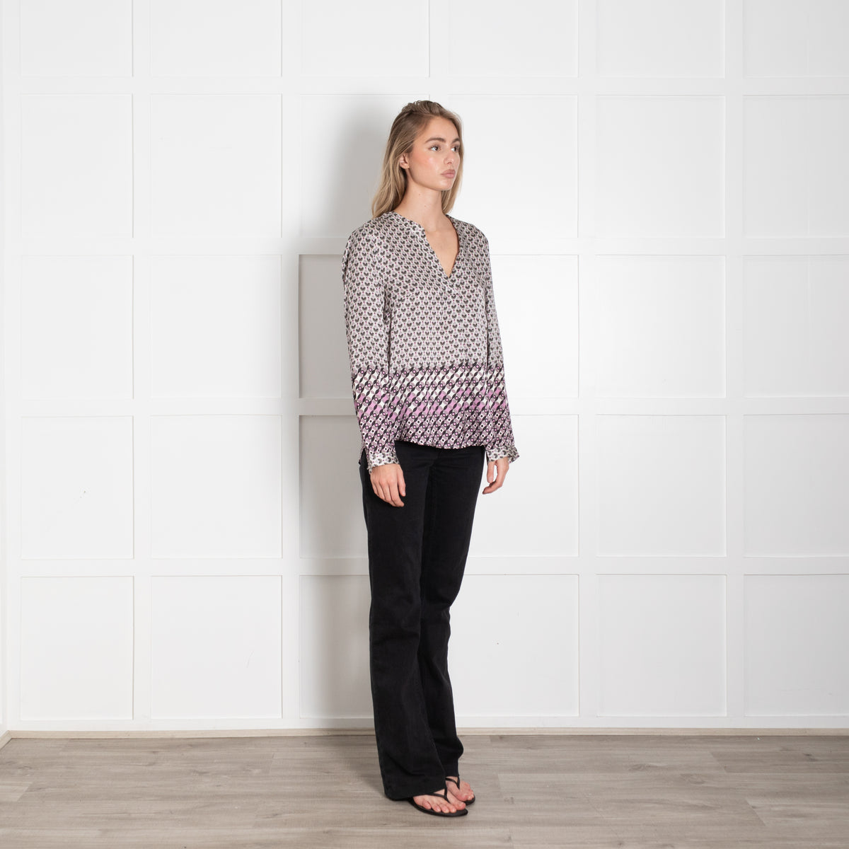 Charlotte Sparre Cream Purple Black Geometric Flower Print Silk Blouse