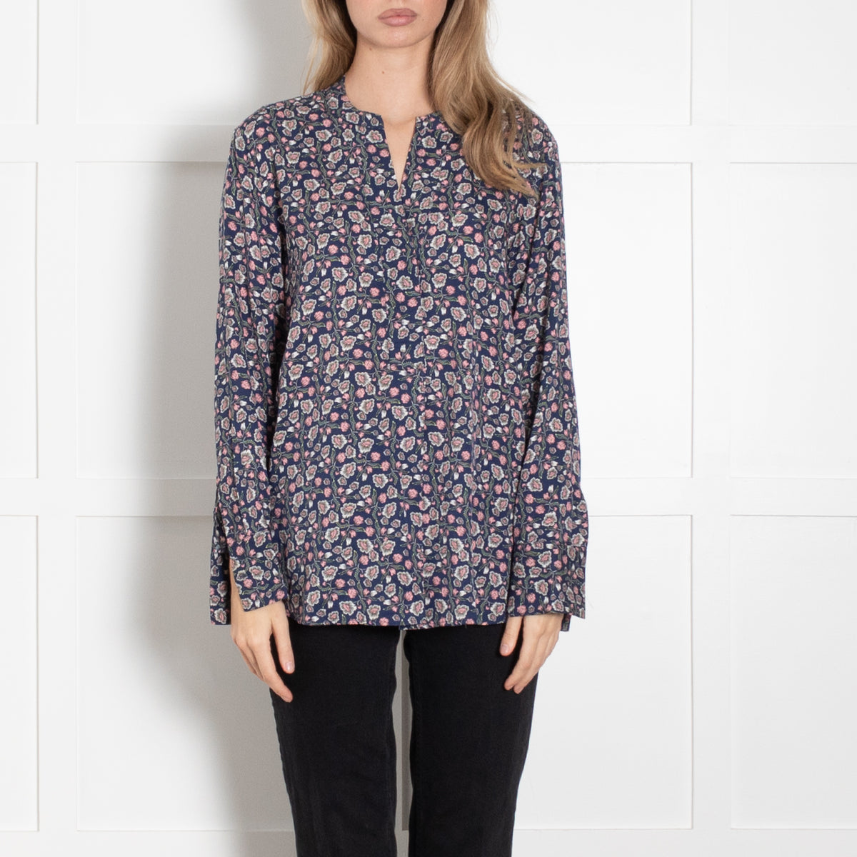 Charlotte Sparre Blue Pink Cream Flower Print Silk Blouse