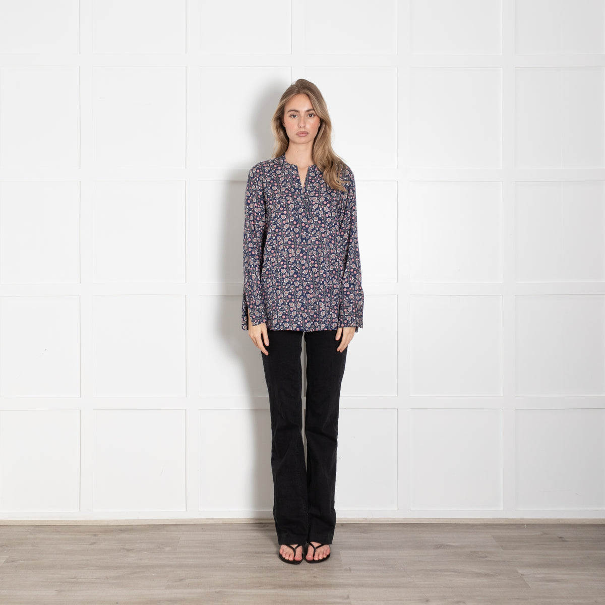 Charlotte Sparre Blue Pink Cream Flower Print Silk Blouse