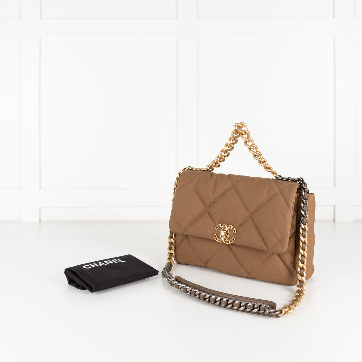 Chanel Fabric Khaki Quilted Shoulder Bag