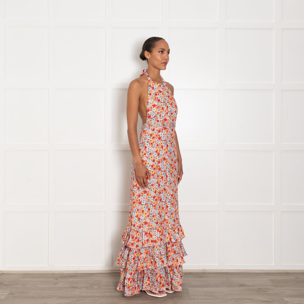 Agua Bendita Pink Blue Red Floral Linen Halter Maxi Dress