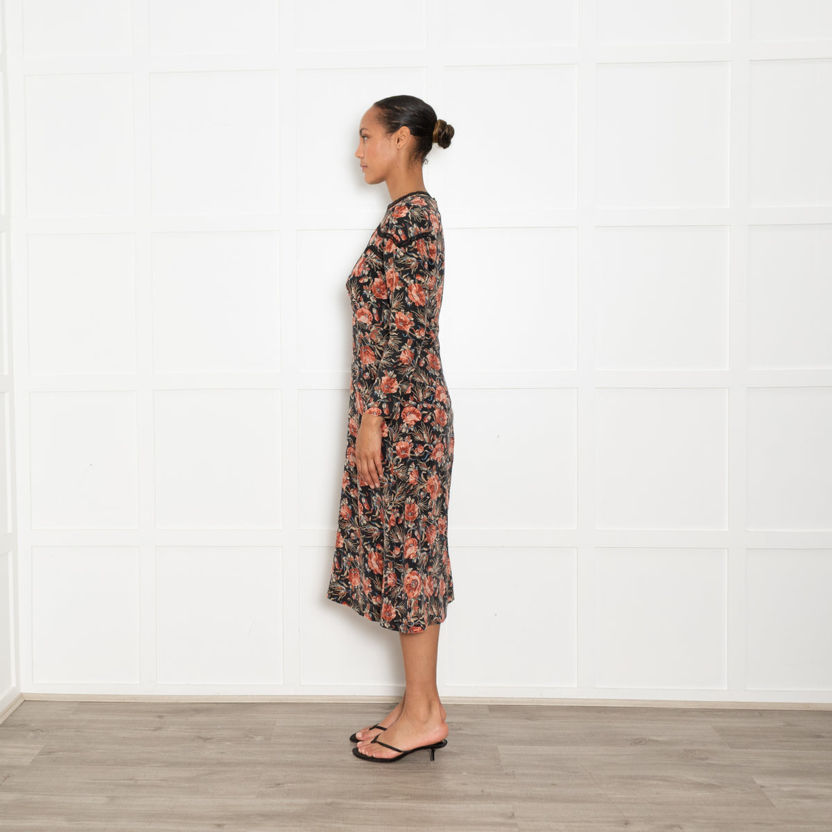 Sandro Black and Blush Floral Silk Long Sleeve Mini Dress