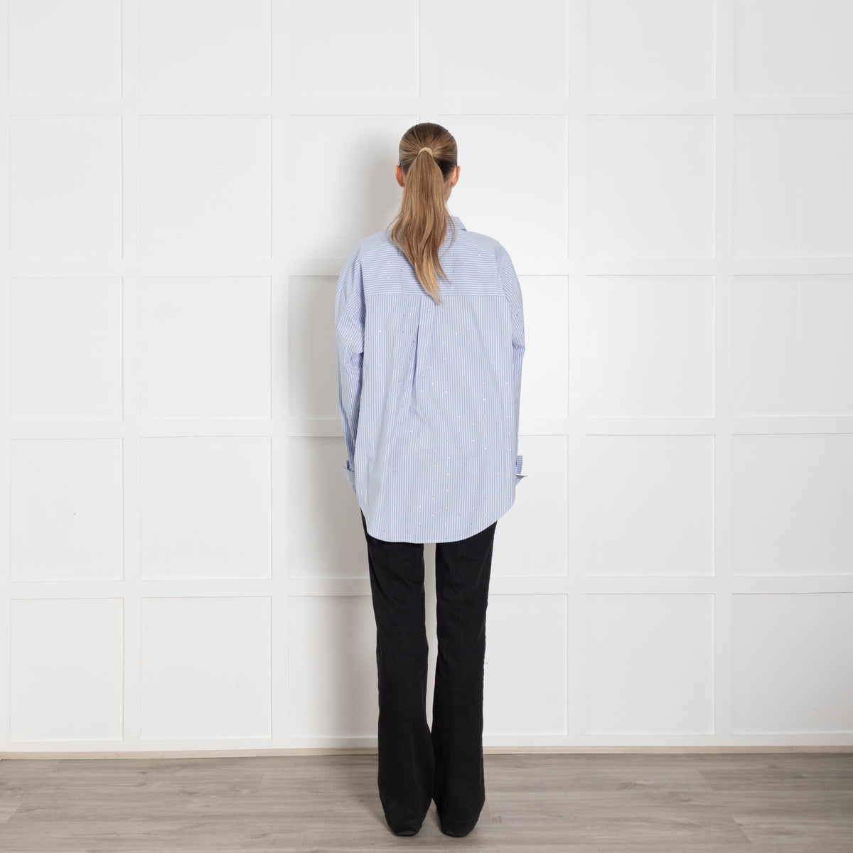 The Good American Rhinestone Stripe Poplin Blue Shirt