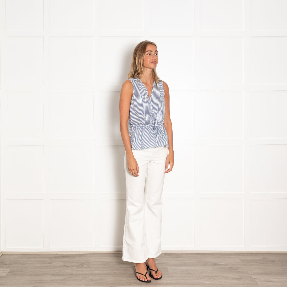 Brora White Blue Striped Sleeveless Cotton Top