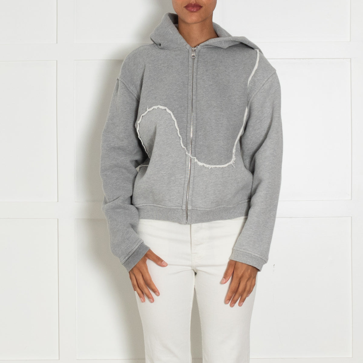 ERL Grey Swirl Looped Zip Up Hoodie With Frayed White Edges