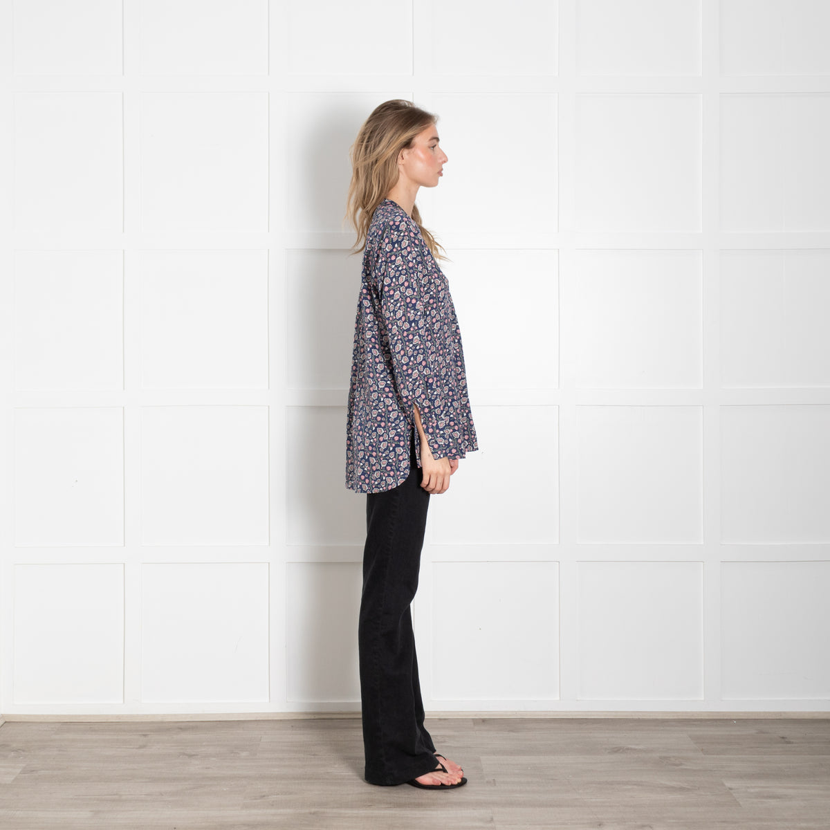 Charlotte Sparre Blue Pink Cream Flower Print Silk Blouse