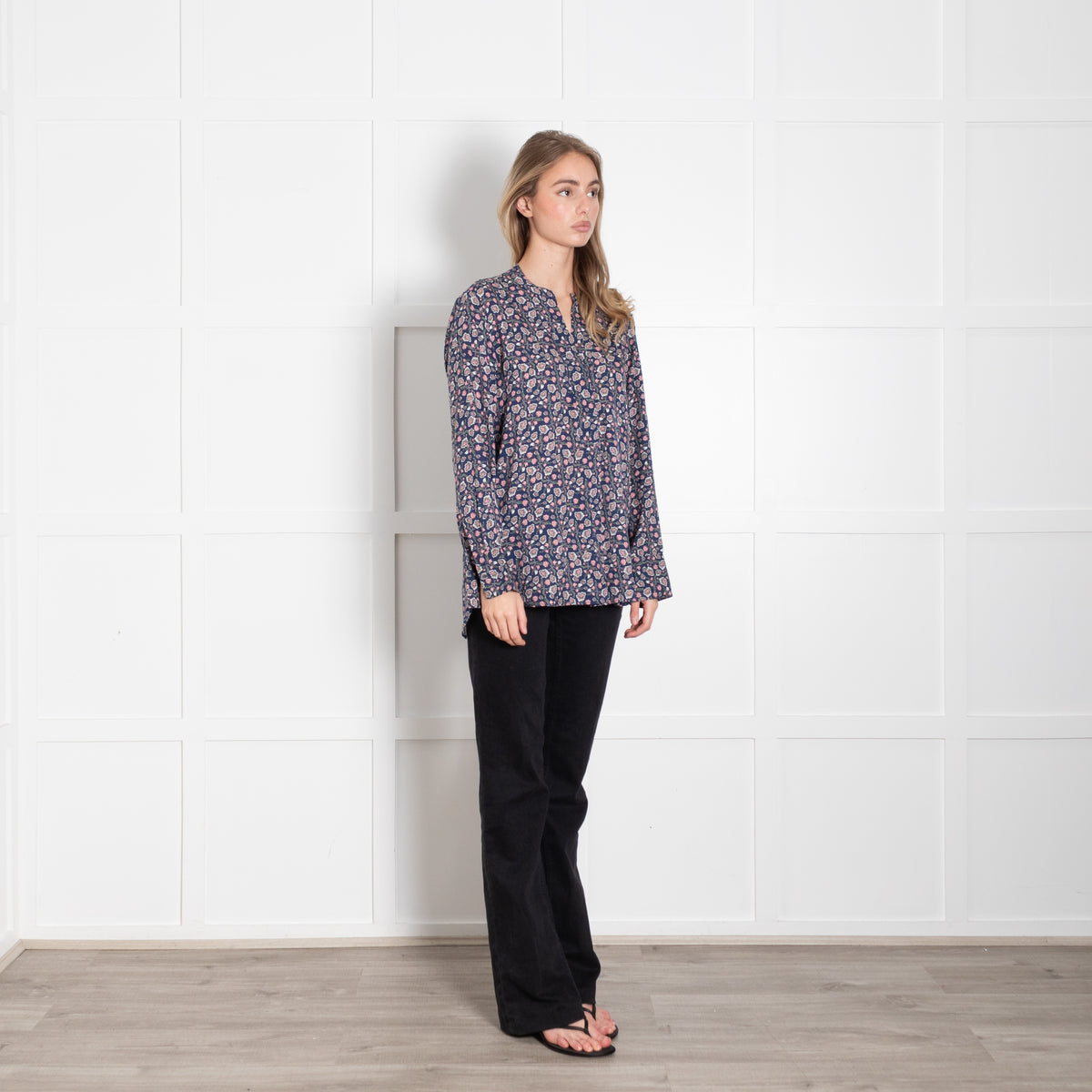 Charlotte Sparre Blue Pink Cream Flower Print Silk Blouse
