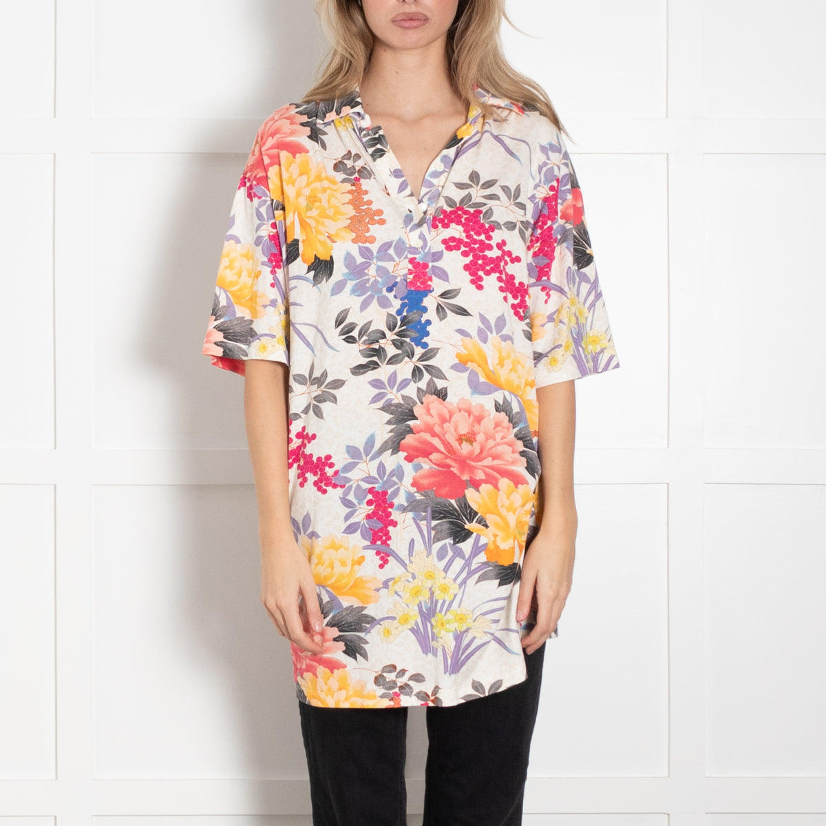 Etro Cream Multicolour Floral Short Sleeve Cotton Top