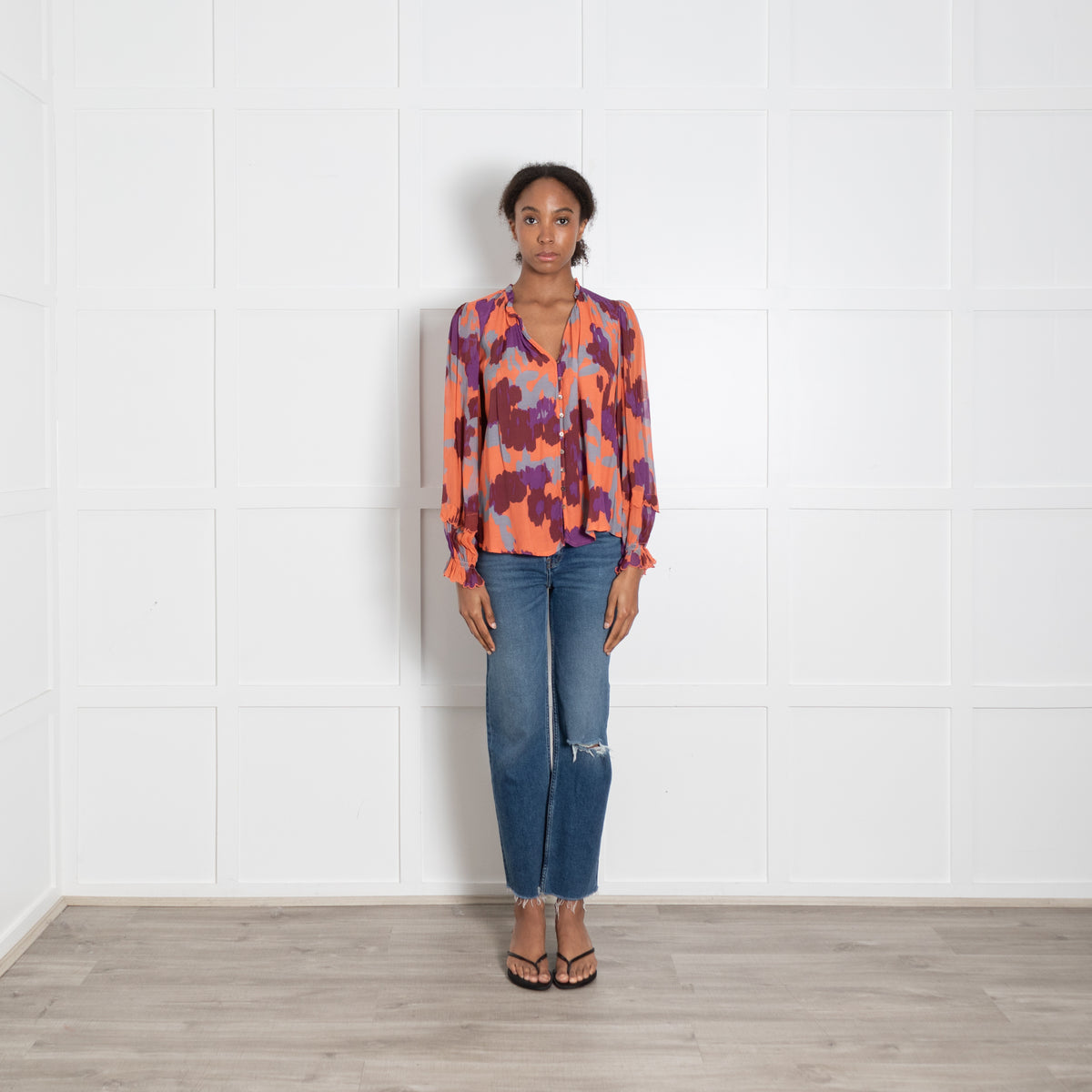 Velvet by Graham & Spencer Purple And Orange Pattern V Neck Top