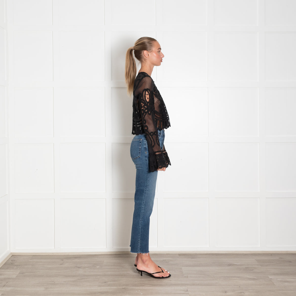 LoveShackFancy Black Lace Knit Flare Sleeve Cardigan