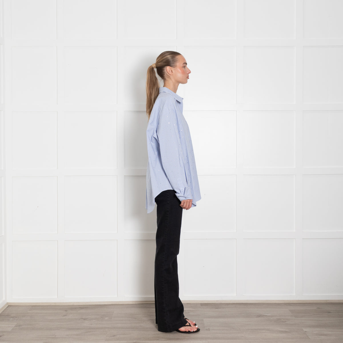 The Good American Rhinestone Stripe Poplin Blue Shirt