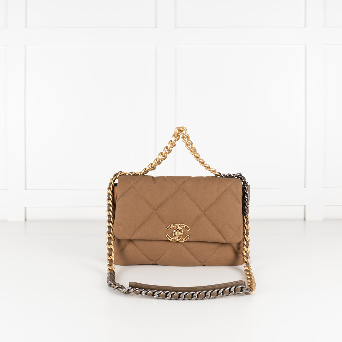 Chanel Fabric Khaki Quilted Shoulder Bag