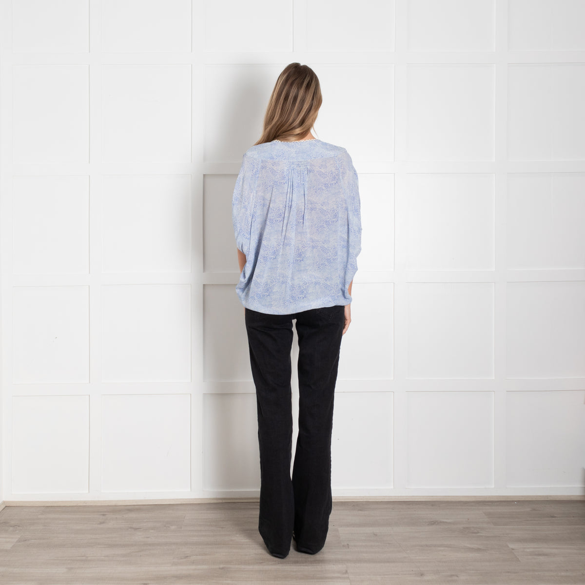 Pyrus x Trilogy Blue and White Poncho Style Silk Blouse