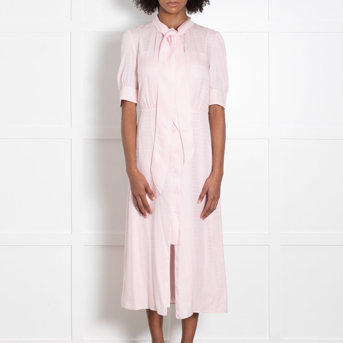 Prada Pale Pink Logo Print Silk Short Sleeve Pussybow Dress With Slip