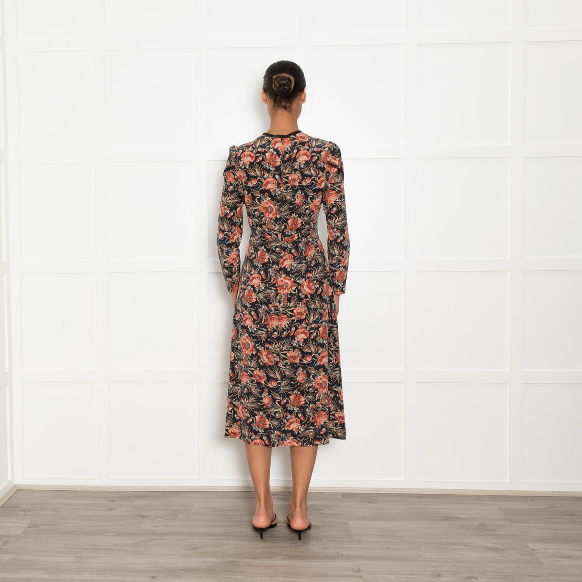 Sandro Black and Blush Floral Silk Long Sleeve Mini Dress