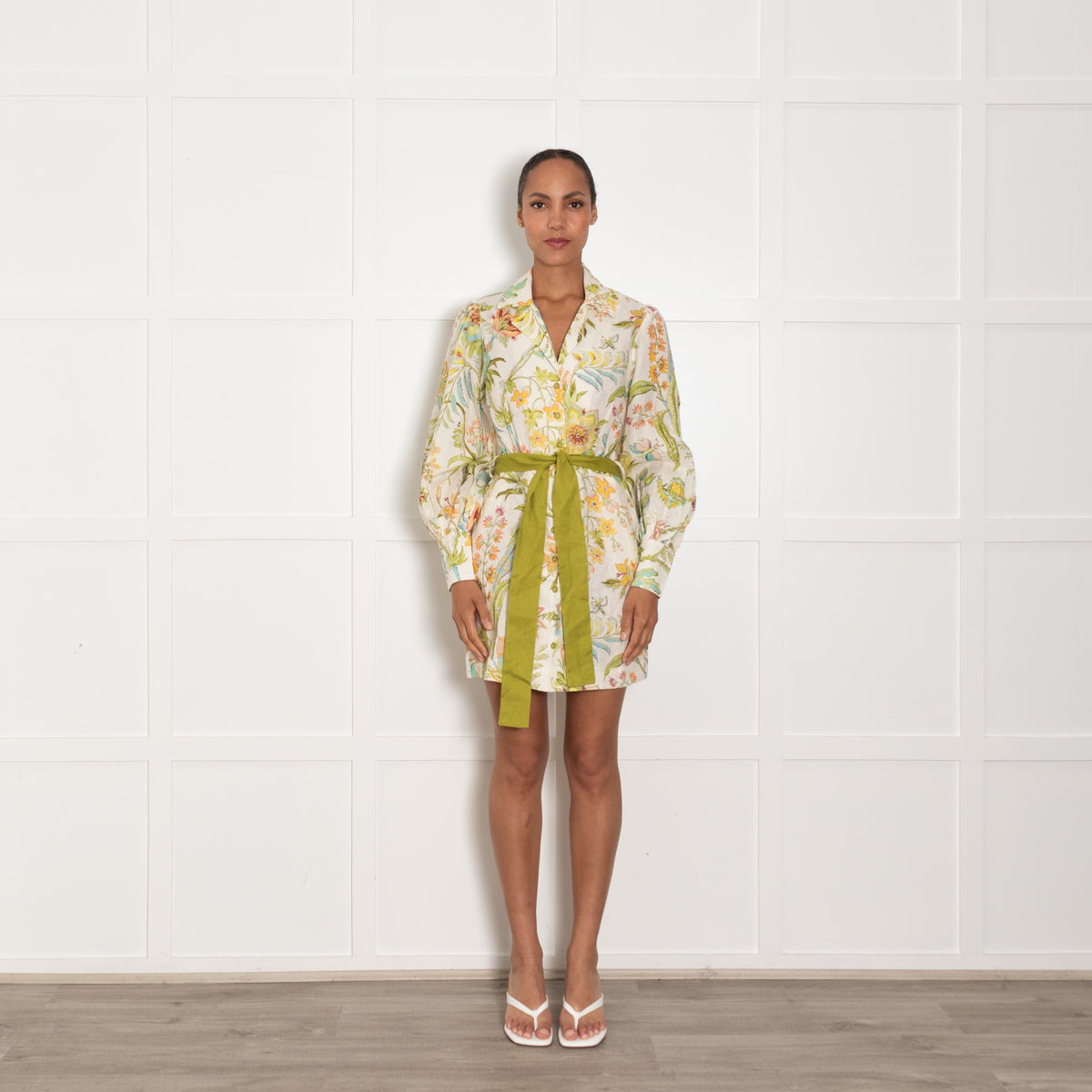 Alemais Cream Green Yellow Floral Belted Linen Dress