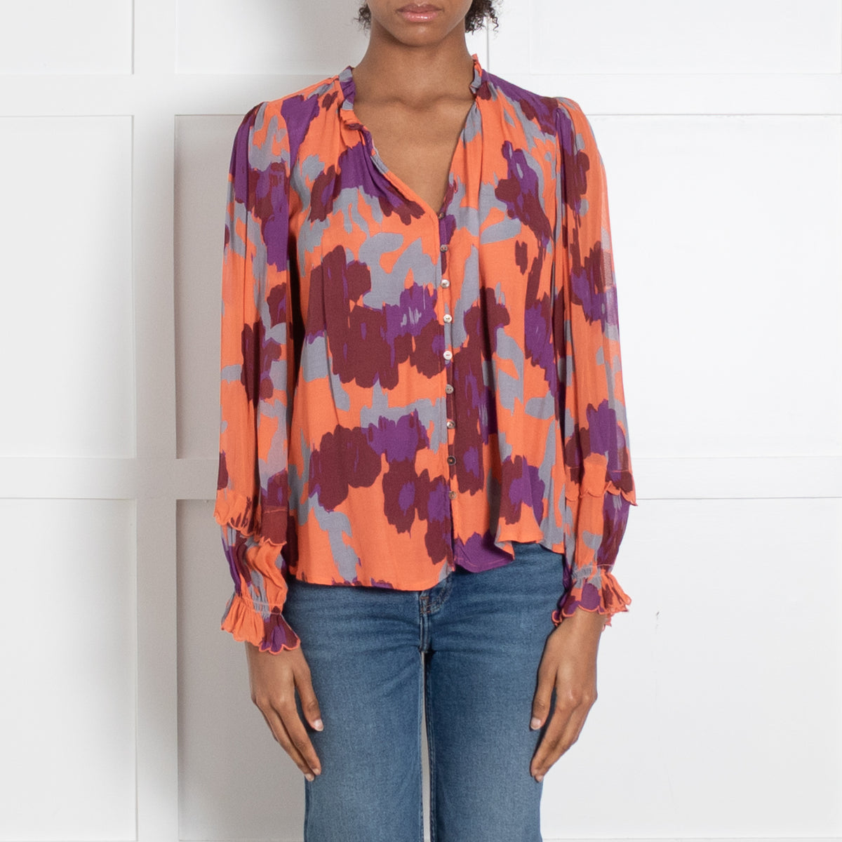 Velvet by Graham & Spencer Purple And Orange Pattern V Neck Top
