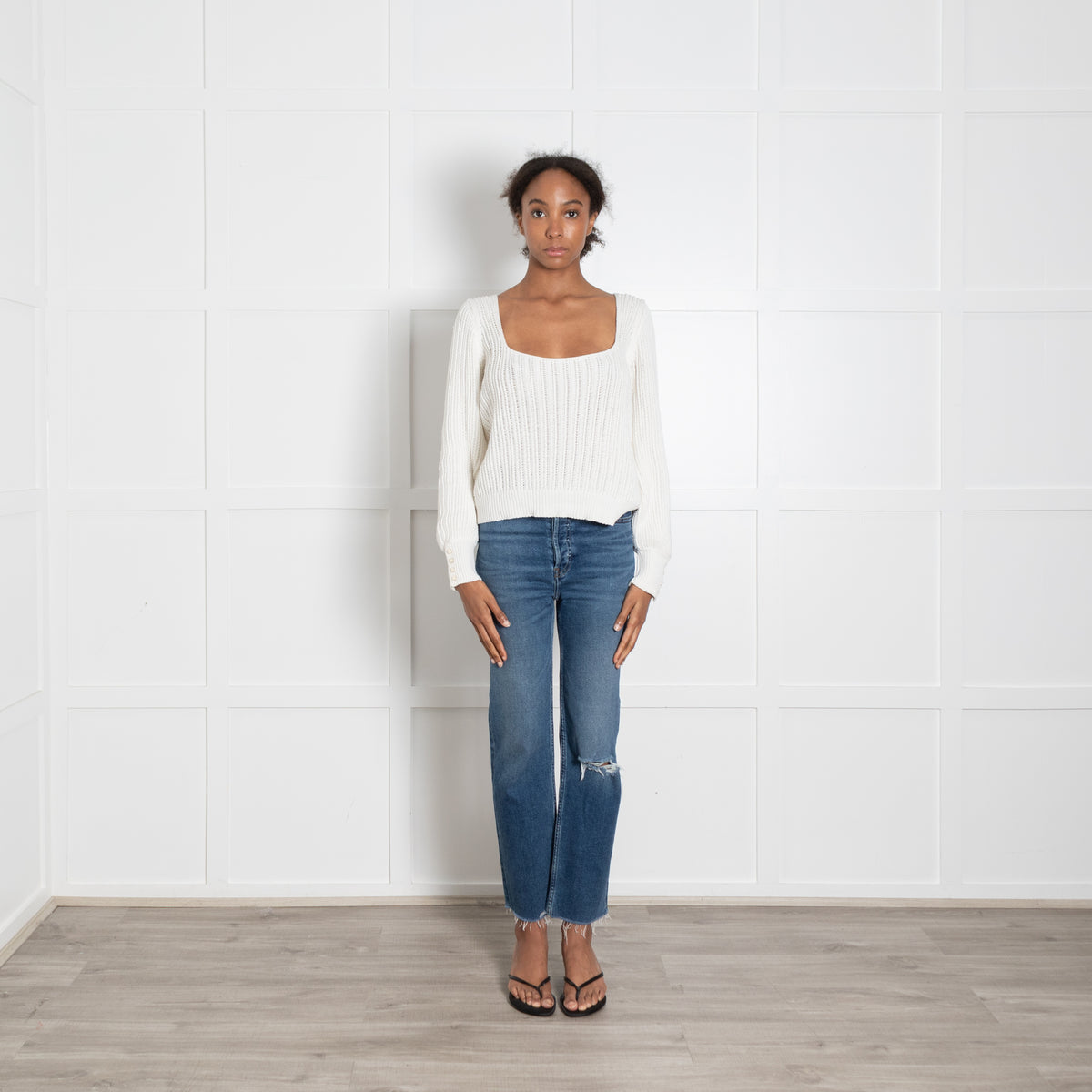 La Maille Sezane Cream Wide Square Neck Loose Knit Top