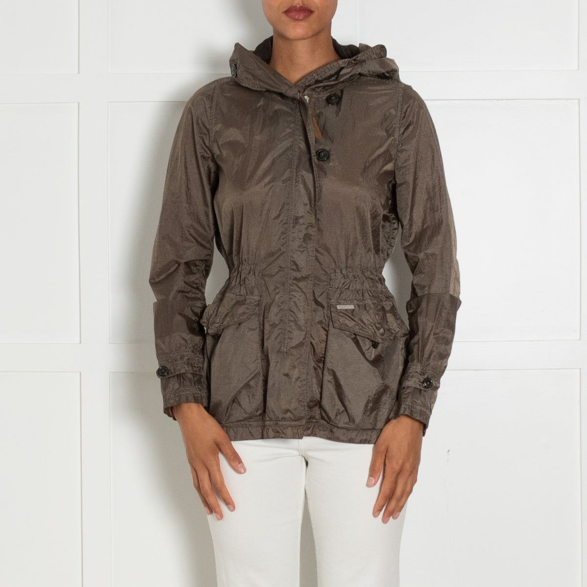 Woolrich Olive Green Lightweight Parka With Cinched Waist And Front Pockets