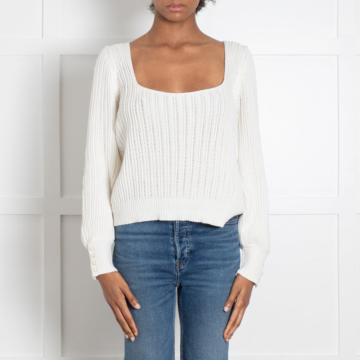 La Maille Sezane Cream Wide Square Neck Loose Knit Top