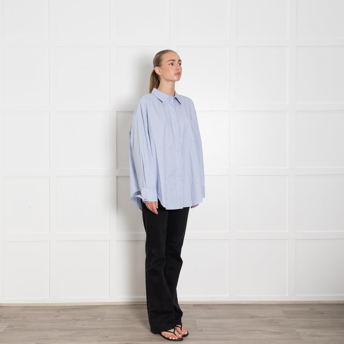 The Good American Rhinestone Stripe Poplin Blue Shirt