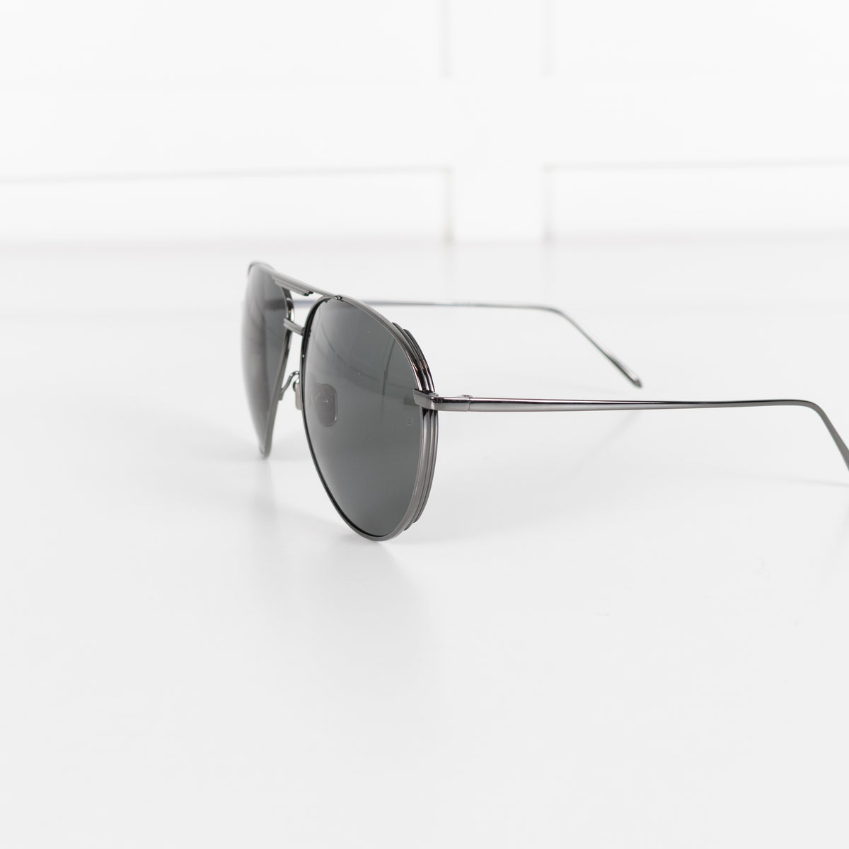 Linda Farrow Gunmetal Titanium Oversized Aviators with Black Lenses