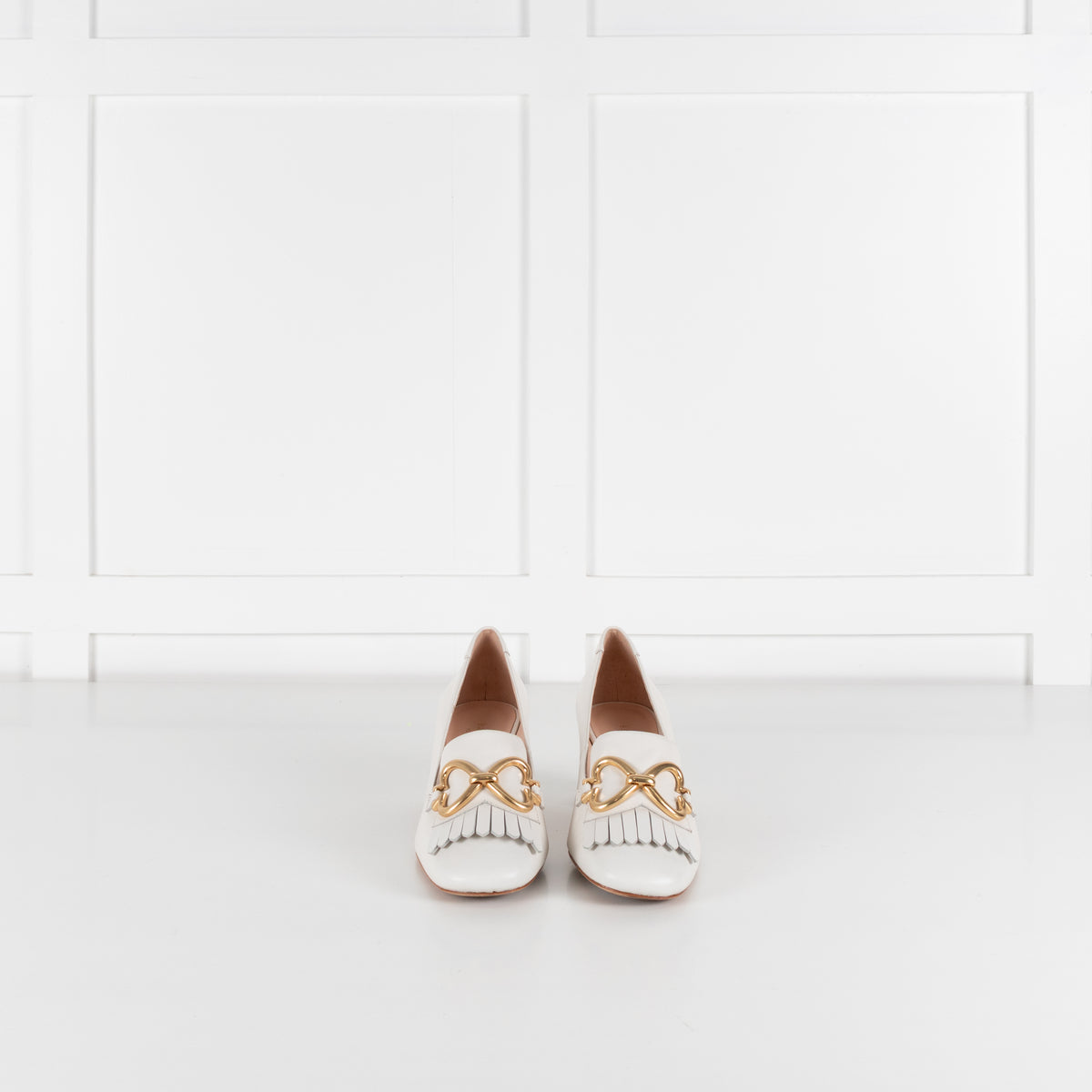 Kate Spade Cream Leather Gold Buckle Block Heeled Loafers
