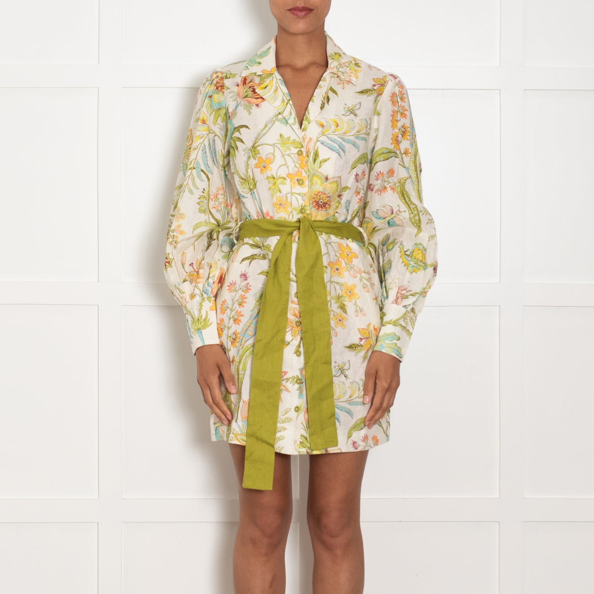 Alemais Cream Green Yellow Floral Belted Linen Dress