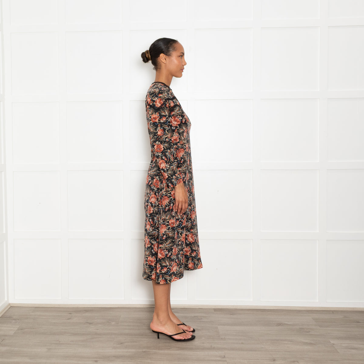 Sandro Black and Blush Floral Silk Long Sleeve Mini Dress