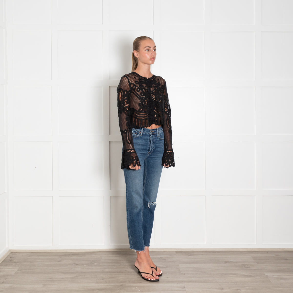 LoveShackFancy Black Lace Knit Flare Sleeve Cardigan