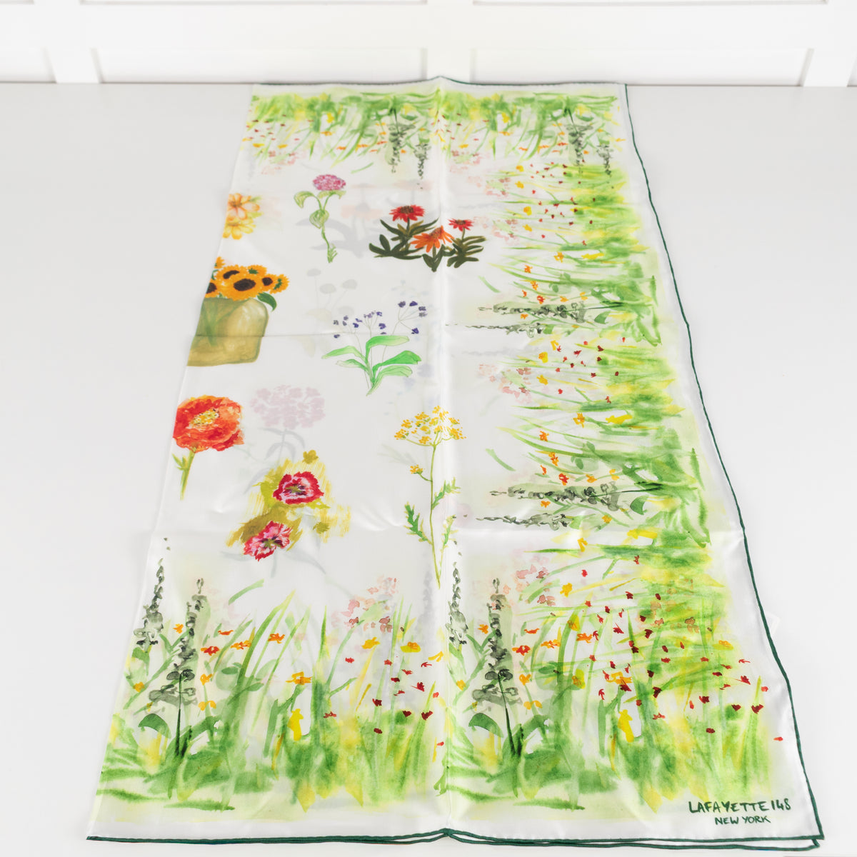 Lafayette 148 Cream Green Floral Silk Scarf