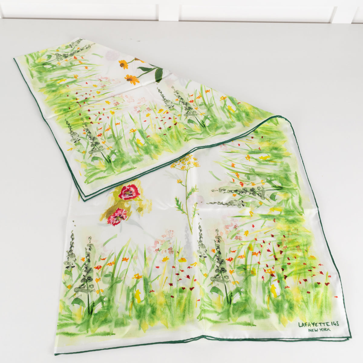 Lafayette 148 Cream Green Floral Silk Scarf