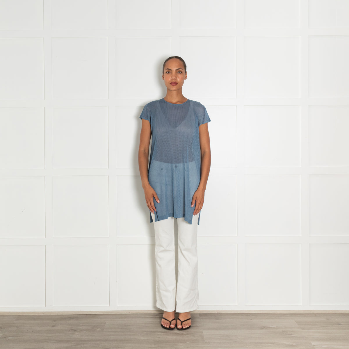 Pleats Please Blue Pleated Short Sleeve Long Top