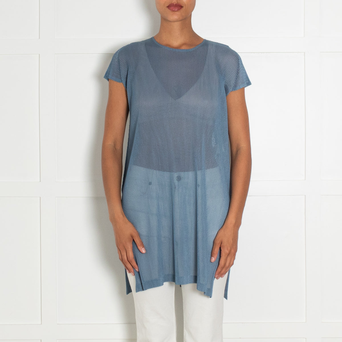 Pleats Please Blue Pleated Short Sleeve Long Top