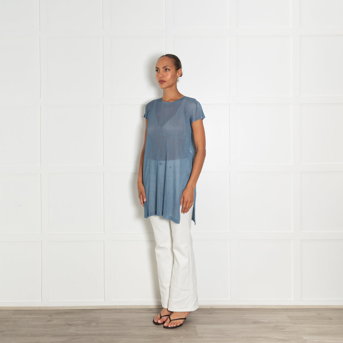 Pleats Please Blue Pleated Short Sleeve Long Top