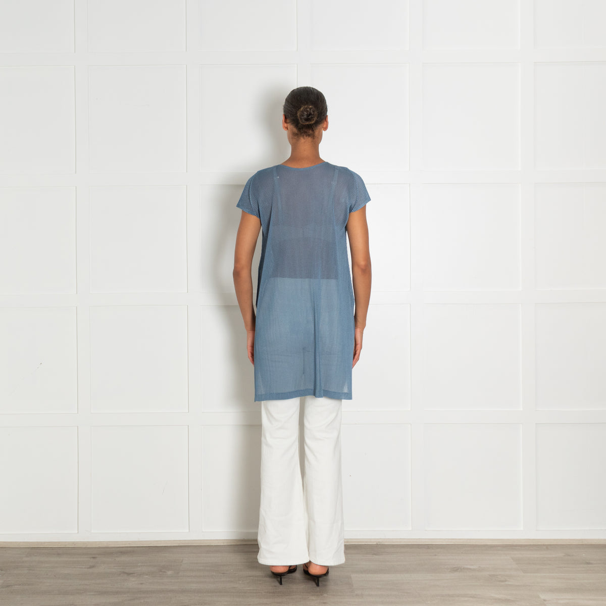 Pleats Please Blue Pleated Short Sleeve Long Top