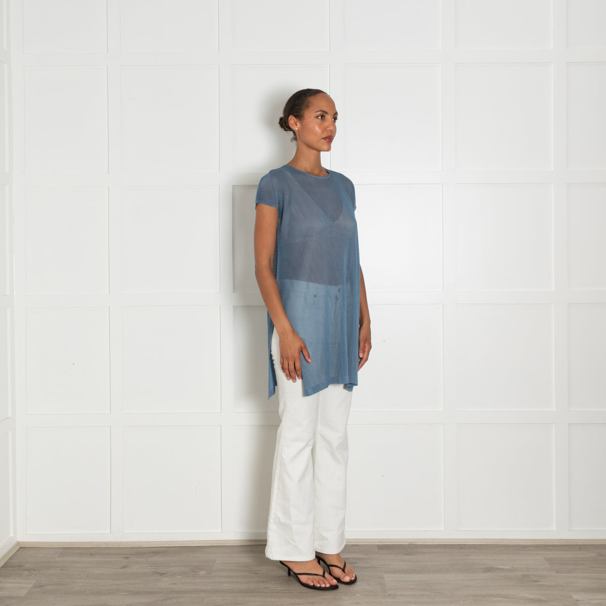 Pleats Please Blue Pleated Short Sleeve Long Top