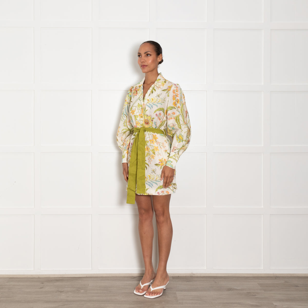 Alemais Cream Green Yellow Floral Belted Linen Dress