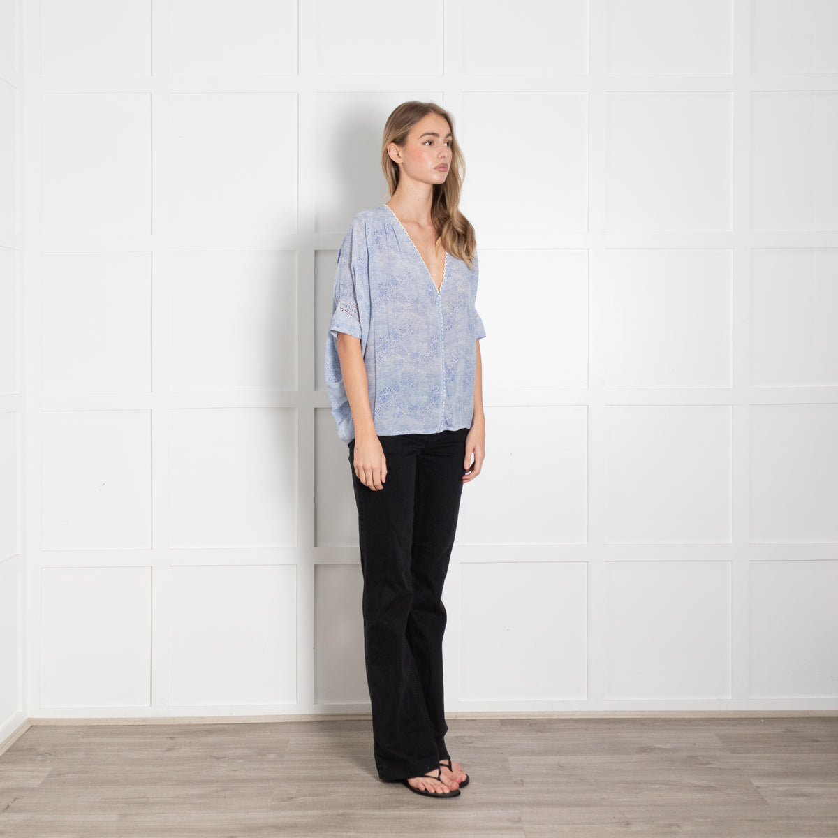 Pyrus x Trilogy Blue and White Poncho Style Silk Blouse